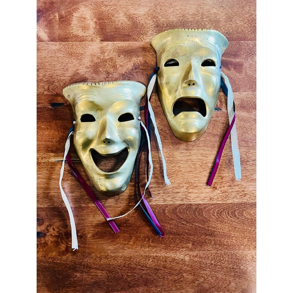 VTG 1970s Brass Theatre Masks Comedy Tragedy Acting Wall Hanging Art Set Of 2